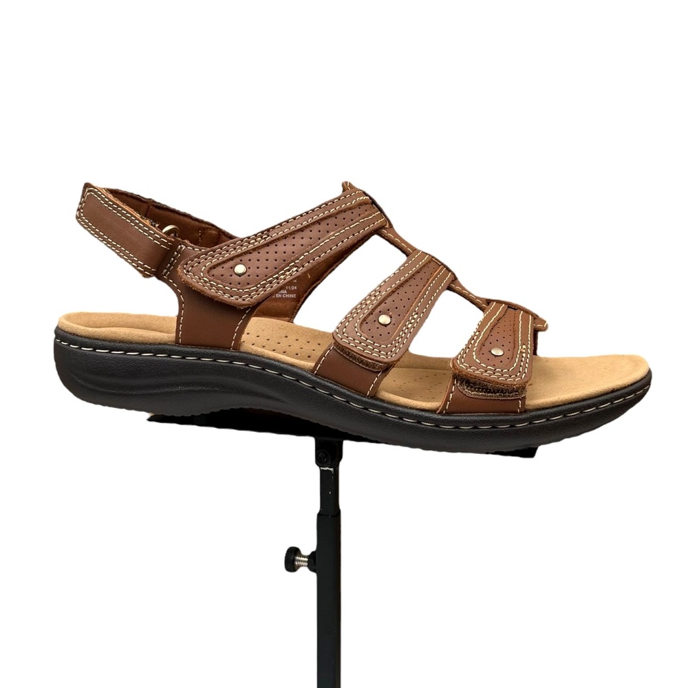 Clarks Womens Laurieann Ivy Leather Sandal Sz 9 Brown Comfort Slip-On Adjustable